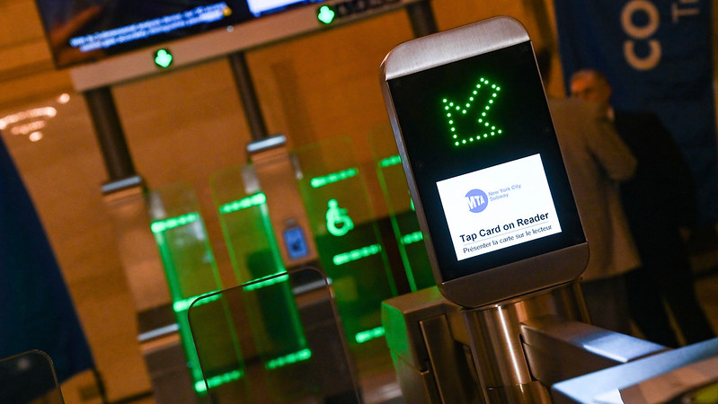 A prototype fare gate on display at Vanderbilt Hall in Grand Central Terminal in May 2023.