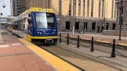 A Metro Transit Blue Line train in downtown Minneapolis, Minn. A Metro Transit Blue Line train in downtown Minneapolis, Minn.