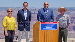 Left to right: Tusayan Mayor Clarinda Vail, Deputy Assistant Secretary for Fish and Wildlife and Parks Matt Strickler, Federal Highways Administrator Shailen Bhatt, and Grand Canyon National Park Superintendent Ed Keable during the July 6 announcement.