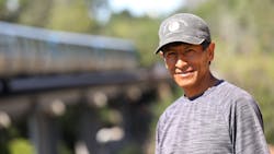 Herder Hector Quispealaya Ricse poses by a BART train near Walnut Creek Station. Herder Hector Quispealaya Ricse poses by a BART train near Walnut Creek Station.