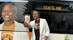 Owner/Operator of Tea’s Me Café Tamika Catching posing next to the new advertisements on IndyGo buses.