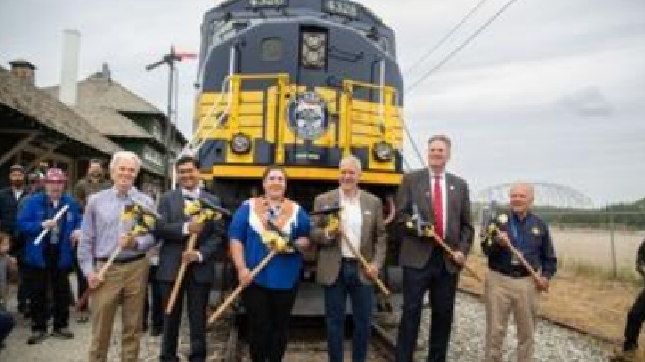 From left: Alaska Railroad Corporation (AARC) President and CEO Bill O&rsquo;Leary, Federal Railroad Administration Administrator Amit Bose, Nenana Native Association First Chief Caroline Ketzler, Sen. Dan Sullivan (R-AR), Alaska Gov. Mike Dunleavy, ARRC Board Chair John Shively.