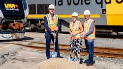 VIA Rail CEO Mario P&eacute;loquin, VIA Rail Chairperson of the Board of Directors Fran&ccedil;oise Bertrand and Canada Minister of Transport Omar Alghabra.