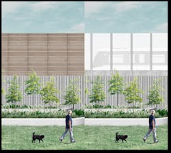 Rendering of studied noise barrier options. Rendering of studied noise barrier options.
