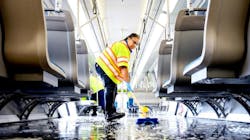 Train car cleaner Alyssa Barnes mops the floor of a BART car with disinfectant soap and steaming hot water during a train car thorough clean. Train car cleaner Alyssa Barnes mops the floor of a BART car with disinfectant soap and steaming hot water during a train car thorough clean.