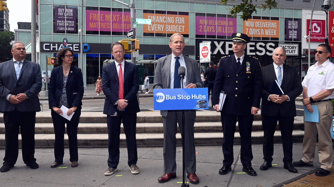 MTA Chair and CEO Janno Lieber and New York City Transit President Richard Davey at Albee Square launch the start of Bus Stop Hub approach with EAGLE teams to enhance fare evasion enforcement.