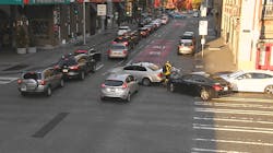 Traffic camera photo of vehicles blocking an intersection in Seattle’s Belltown neighborhood. Traffic camera photo of vehicles blocking an intersection in Seattle’s Belltown neighborhood.