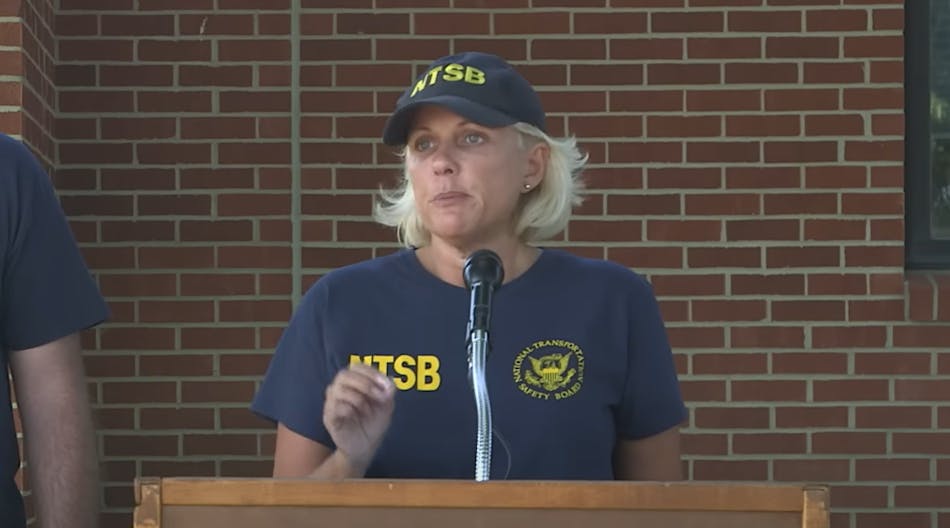 NTSB Chair Jennifer Homendy speaks at a press conference in June 2022 following the derailment of an Amtrak train in Mendon, Mo.