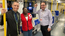 Left to right: Ottawa Mayor Mark Sutcliffe, General Manager Ottawa Transit Services Department Renee Amilcar and OC Transpo Chair Glen Gower - Councilor - Stittsville, ride OC Transpo Line 1 Aug. 8 for the partial service return between Tunney’s Pasture and uOttawa stations. Full service on Line 1 returned Aug. 14. Left to right: Ottawa Mayor Mark Sutcliffe, General Manager Ottawa Transit Services Department Renee Amilcar and OC Transpo Chair Glen Gower - Councilor - Stittsville, ride OC Transpo Line 1 Aug. 8 for the partial service return between Tunney’s Pasture and uOttawa stations. Full service on Line 1 returned Aug. 14.