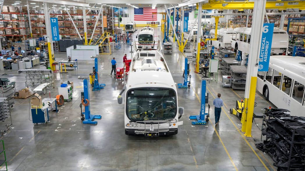 The interior of Proterra&apos;s South Carolina manufacturing facility. The company filed for Chapter 11 bankruptcy protection on Aug. 7, 2023.