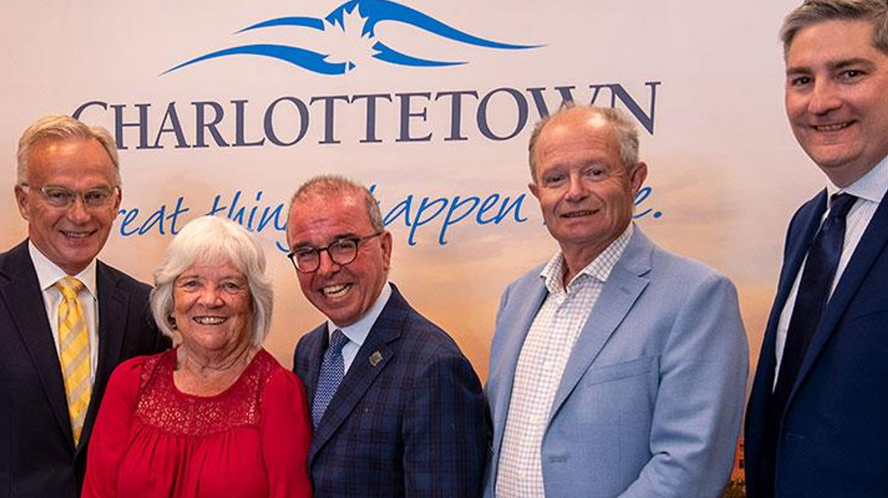 (L-R) Malpeque MP Heath MacDonald, Charlottetown MP Sean Casey, Cornwall Mayor Minerva McCourt, Charlottetown Mayor Philip Brown, Transportation and Infrastructure Minister Ernie Hudson, Stratford Councillor Jody Jackson.