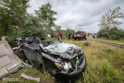 The simulation’s scenario included an incident in which a Commuter Rail train strikes a pedestrian vehicle. The simulation’s scenario included an incident in which a Commuter Rail train strikes a pedestrian vehicle.