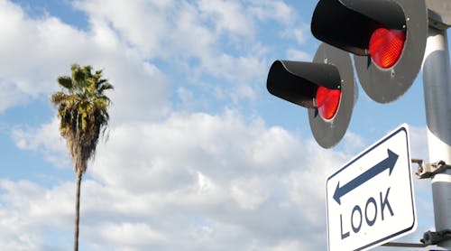 A grade crossing in California reminds pedestrians to look both ways.