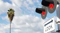 A grade crossing in California reminds pedestrians to look both ways.