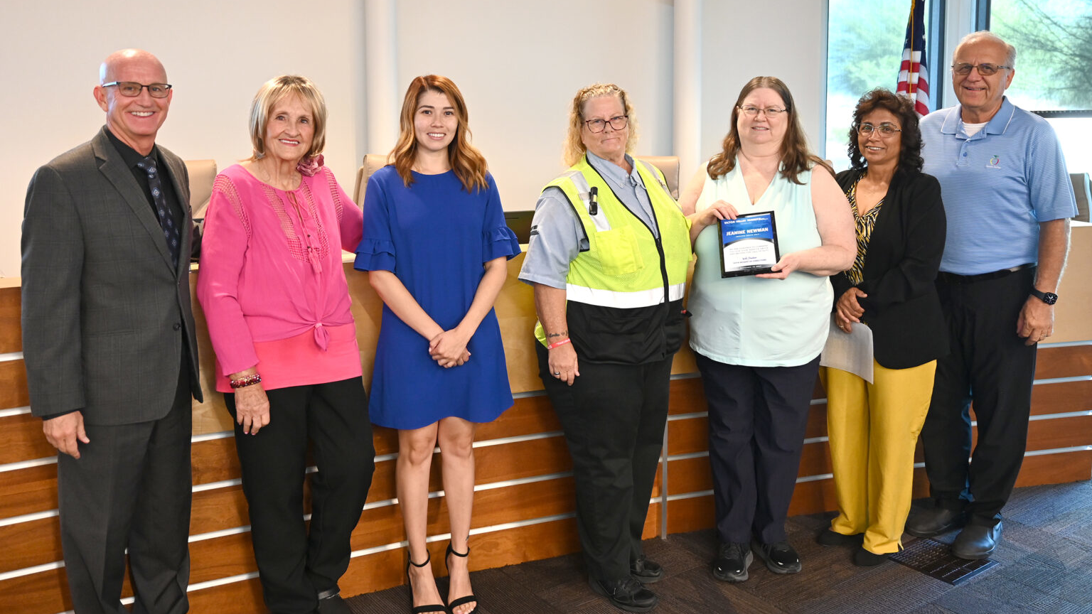 Left to right: VVTA Board Members Larry Bird, Joy Jeannette and Kimberly Mesen, Bus Operator Jeanine Newman, VVTA CEO Nancie Goff and Board Chairs Liz Becerra and Curt Emick.
