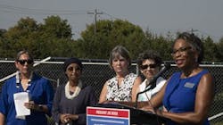 Met Council Vice Chair Reva Chamblis, right, welcomes speakers to an event at the Blue Lake Wastewater Treatment Plant announcing federal Climate Pollution Reduction grants. Other speakers included (left from the vice chair) Debra Shore, EPA Region 5 Administrator; U.S. Rep. Betty McCollum (D-MN), U.S. Rep. Ilhan Omar (D-MN) and Rebecca Ann Crooks-Stratton, secretary/treasurer of the Shakopee Mdewakanton Sioux Community.