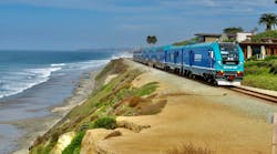 A Coaster train moving through Del Mar, Calif. NCTD has been awarded a state grant that will support its efforts to mitigate the impacts of sea level rise and extreme weather conditions.