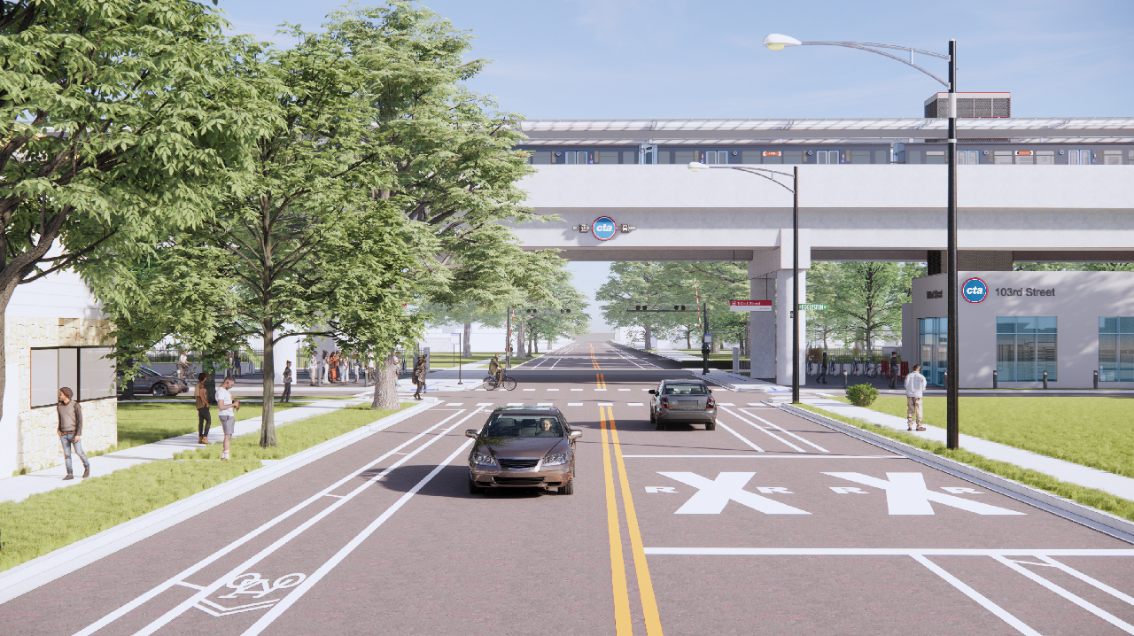 A rending of the CTA's RLE 103 St. Station East View.