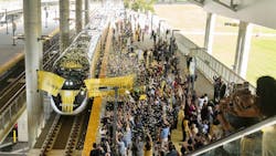 Bright Pink arrived in Orlando at 11:05 a.m. on Sept. 22, officially launching Brightline's passenger service connecting Miami and Orlando. Bright Pink arrived in Orlando at 11:05 a.m. on Sept. 22, officially launching Brightline's passenger service connecting Miami and Orlando.