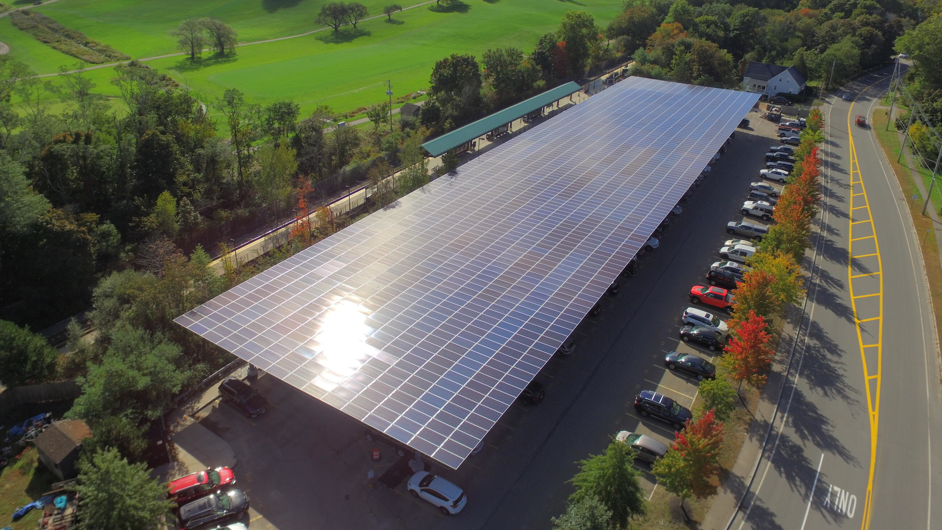A solar canopy at MBTA's West Hingham commuter rail station.