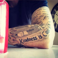 Mike Bismeyer shares the mantra that 'kindness is cool;' he even has the message inked on his arm. Mike Bismeyer shares the mantra that 'kindness is cool;' he even has the message inked on his arm.