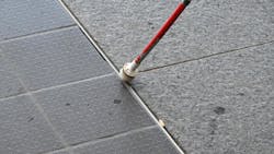 BART intern Erik Huizar&rsquo;s cane studying the metal ridge of the tactile guideway using a walking stick at Union City Station on Wednesday, Sept. 6, 2023.