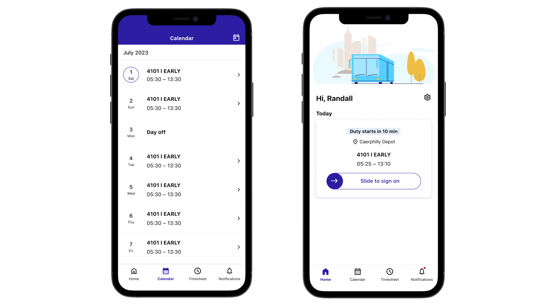 Right, the Optibus Driver App home screen and, left, a screenshot of the driver calendar.