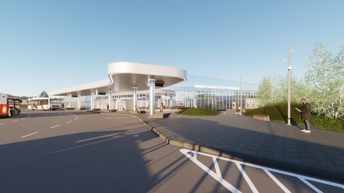 A rendering of the outside of COTA&apos;s mobility center at Rickenbacker.