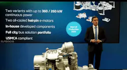 Vice President of Commercial Vehicle Driveline Systems, Americas for ZF Group Christian Feldhaus unveils ZF's AxTrax 2 LF at APTA EXPO in Orlando, Fla., on Oct. 9.