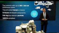 Vice President of Commercial Vehicle Driveline Systems, Americas for ZF Group Christian Feldhaus unveils ZF's AxTrax 2 LF at APTA EXPO in Orlando, Fla., on Oct. 9. Vice President of Commercial Vehicle Driveline Systems, Americas for ZF Group Christian Feldhaus unveils ZF's AxTrax 2 LF at APTA EXPO in Orlando, Fla., on Oct. 9.