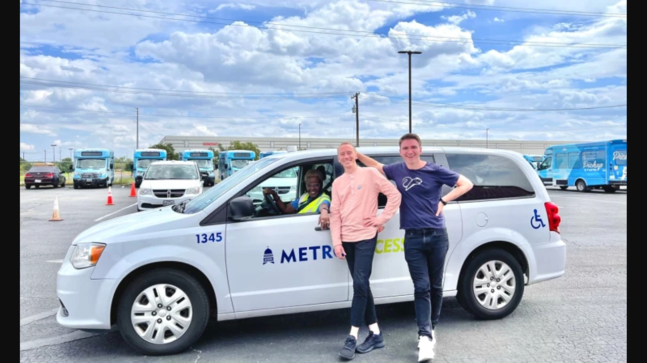 Spare Co-founders Kristoffer Vik Hansen and Josh Andrews with a CapMetro Access driver on Launch Day.