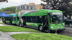 Two EV buses from the Kingston Transit fleet. Two EV buses from the Kingston Transit fleet.