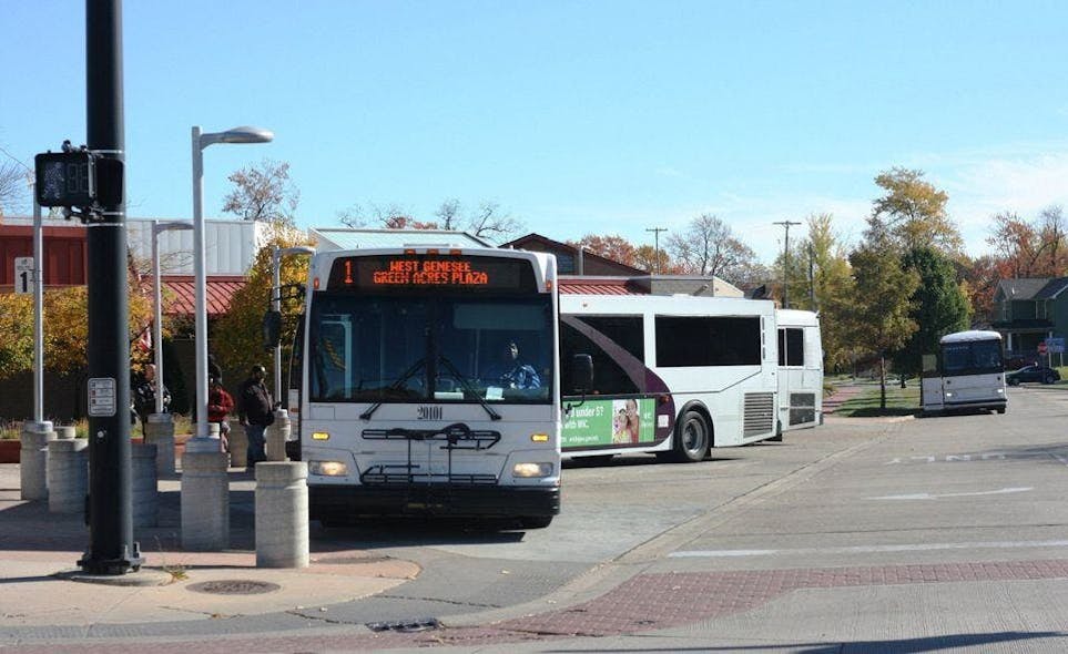 Saginaw Transit Authority Regional Services buses arrive at the Rosa Parks Transfer Plaza in downtown Saginaw around noon on Thursday, Oct 22, 2015. ( Mark Tower/MLive.com)