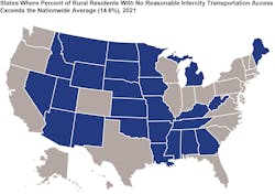 Map showing states where percent of rural residents with no reasonable intercity transportation access exceeds the nationwide average Map showing states where percent of rural residents with no reasonable intercity transportation access exceeds the nationwide average