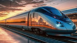 High speed train in motion on the railway station at sunset. High speed train in motion on the railway station at sunset.