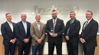 From left to right: Lumin-Air COO Andrew Desmarais, Lumin-Air Chief Marketing Officer Jack Fillenwarth, Lumin-Air President Dan Fillenwarth, IndyGo Director of Risk and Safety Brian Clem, IndyGo Senior Director of Facilities and Preventative Maintenance Paul Williams and IndyGo COO Aaron Vogel.