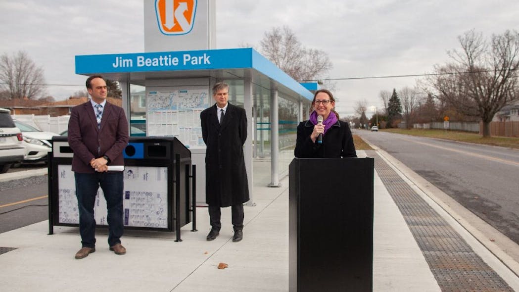 From left to right: Kingston and the Islands MP Mark Gerretsen and City of Kingston Commissioner for Infrastructure Transportation and Emergency Services Brad Joyce watch as City of Kingston Councillor Wendy Stephen speaks during the opening of the new transit station on Henderson Boulevard.