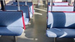 Denver RTD has begun transitioning the seats on its light-rail vehicles from fabric to vinyl. Denver RTD has begun transitioning the seats on its light-rail vehicles from fabric to vinyl.