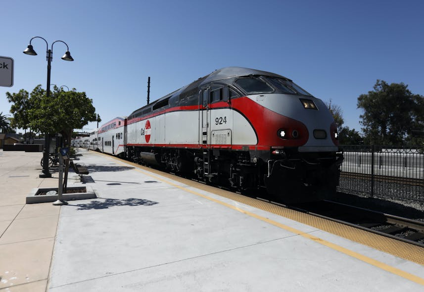 SANTA CLARA, CALIFORNIA - JULY 14: A southbound Caltrain train arrives at the Santa Clara Caltrain Station in Santa Clara, Calif., on Tuesday, July 14, 2020.