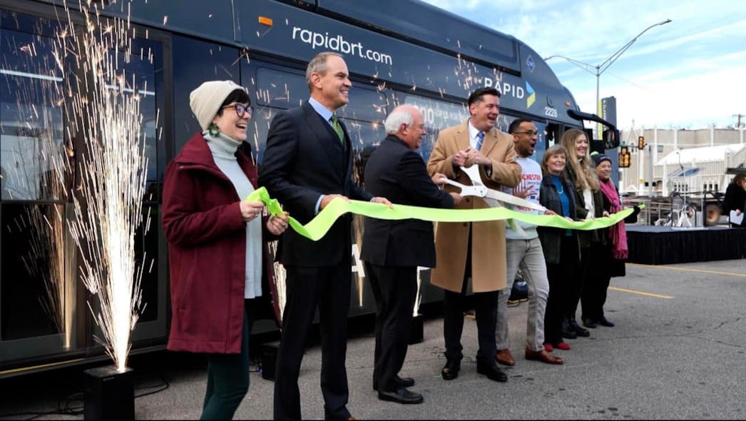 Officials from Oklahoma City, EMBARK and the FTA celebrated the opening of OKC&apos;s first bus rapid transit line on with a ribbon cutting ceremony held on Dec. 4, 2023.