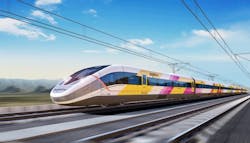 A rendering of the Brightline West all-electric high-speed rail system between Las Vegas and southern California.
