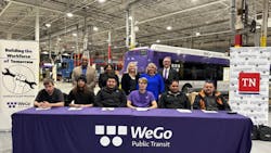 Front row left to right. Apprentice signees Adam AL-Hajjaj, William Martin, Eduardo Badillo, Brent Miner, Adrian Mayers and Charles Phelps. Back row left to right: WeGo Chief of Staff and Administration Vince Malone, WeGo State Apprenticeship Director Shalondria S. Shaw, WeGo Apprenticeship Specialist Steffany S. Daniel, Apprentice and WeGo Director of Administration Kym Tucker and WeGo CEO Steve Bland, Front row left to right. Apprentice signees Adam AL-Hajjaj, William Martin, Eduardo Badillo, Brent Miner, Adrian Mayers and Charles Phelps. Back row left to right: WeGo Chief of Staff and Administration Vince Malone, WeGo State Apprenticeship Director Shalondria S. Shaw, WeGo Apprenticeship Specialist Steffany S. Daniel, Apprentice and WeGo Director of Administration Kym Tucker and WeGo CEO Steve Bland,