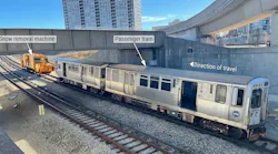 A photo of the CTA versus snow removal machine accident scene with labels provided by the NTSB.