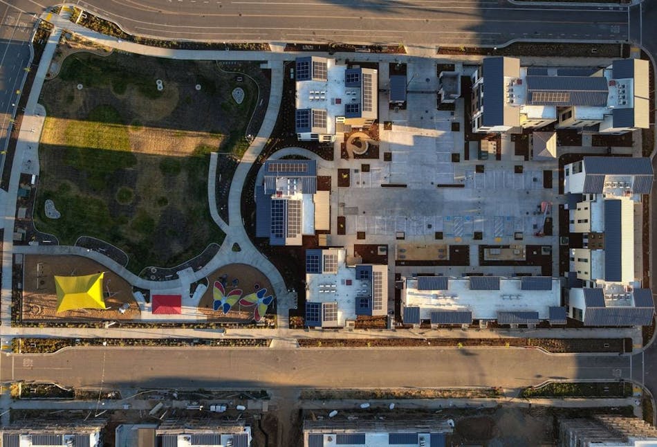 A portion of the Mirasol Village affordable housing community is seen by drone under various phases of construction on June 29, 2022, in Sacramento near Richards Boulevard in the River District. A proposed sales tax ballot measure to fund affordable housing in Sacramento County has apparently been shelved.