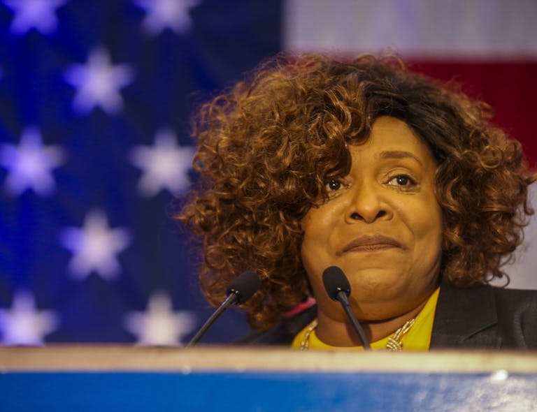 Pinellas County Commissioner Rene Flowers gives a speech in St. Petersburg in 2022. Flowers, who was set to serve as the Pinellas Suncoast Transit Authority board&apos;s secretary-treasurer in 2024, was instead removed from the board by new County Commission chairperson Kathleen Peters.