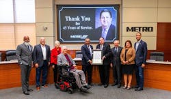 The Houston Metro Board of Directors honored retiring President and CEO Tom Lambert for his remarkable 45 years of service to the authority. The Houston Metro Board of Directors honored retiring President and CEO Tom Lambert for his remarkable 45 years of service to the authority.