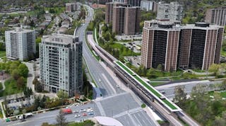 A rendering showing an aerial view of the elevated section of the Eglinton Crosstown West Extension.