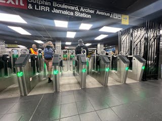 First-ever low turnstile fare array replacement with new wide-aisle fare gates at Sutphin Boulevard&ndash;Archer Avenue&ndash;JFK Airport station EJZ Station in Jamaica, Queens.