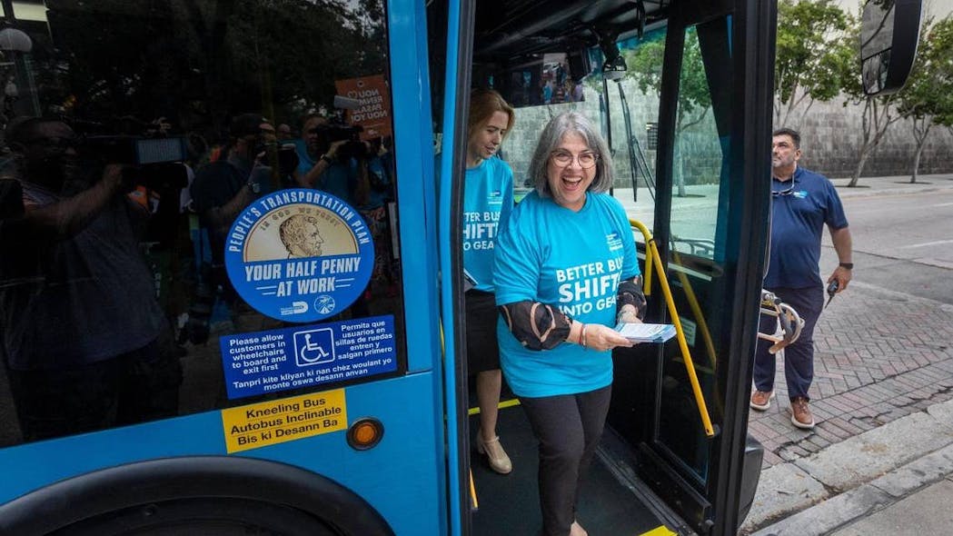 Miami-Dade Mayor Daniella Levine Cava gets off a bus at the Stephen P. Clark Government Center to promote the launch Better Bus Network on Monday, November 13, 2023. The new bus route system came with a seven-week fare holiday too, but the $2.25 fares returned on Jan. 1, 2024.