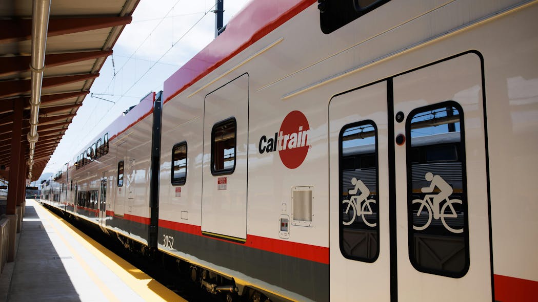 Bicycle signs are displayed on one of Caltrain s new electrified trains during a press tour on Friday, June 23, 2023, at San Jose Diridon Station in San Jose, Calif.